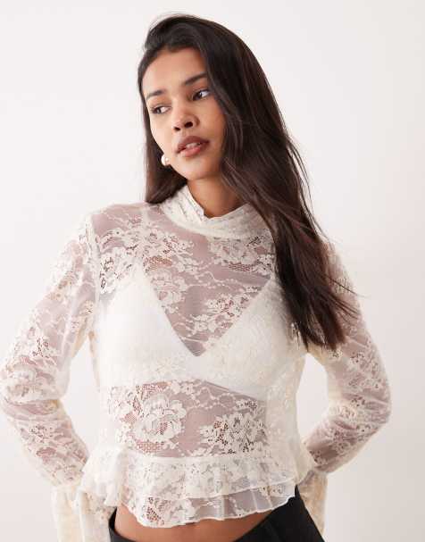 Mango cotton mix delicate lace ruffle trim blouse in cream - view 1