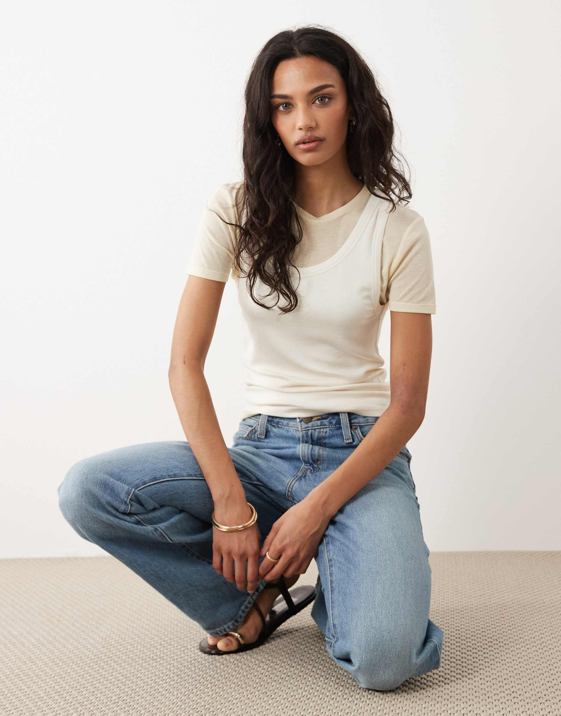 mango cotton mix double layer t-shirt in cream