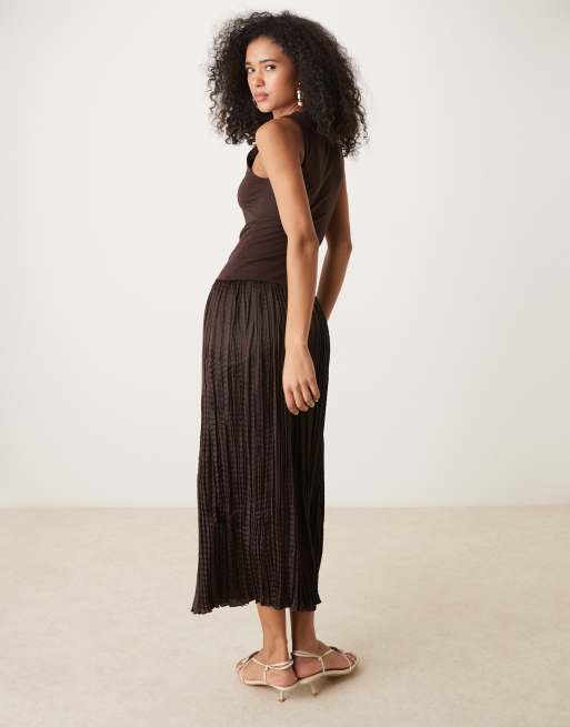 Mango cotton mix drop waist shirred skirt midaxi dress in brown | ASOS