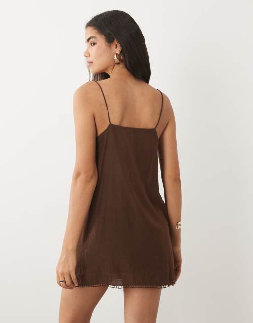 Mango cotton mix embellished cami mini dress in brown, 2 of 4