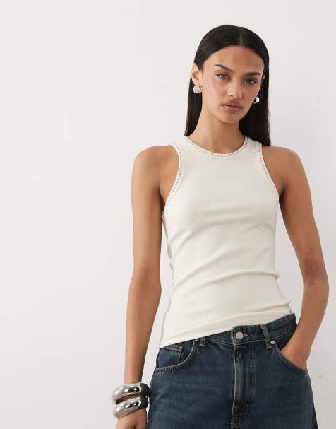 Mango cotton mix faux pearl detail racer neck tank top in cream - view 1