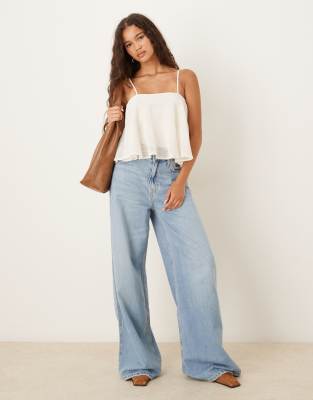 Mango Cotton Mix Fine Knit Peplum Cami Top In White