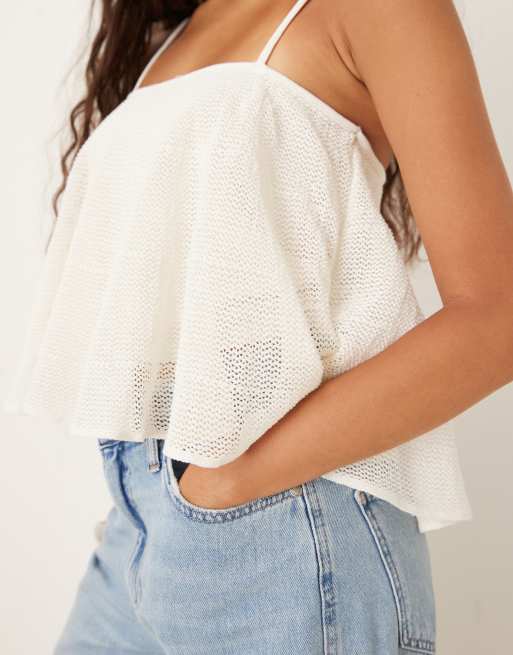 Mango cotton mix fine knit peplum cami top in white, 4 of 4