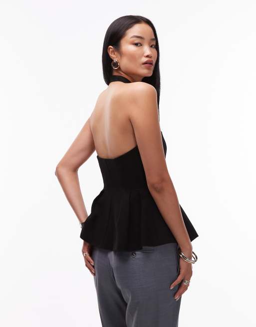 Mango cotton mix halter neck peplum hem button through top co-ord in black