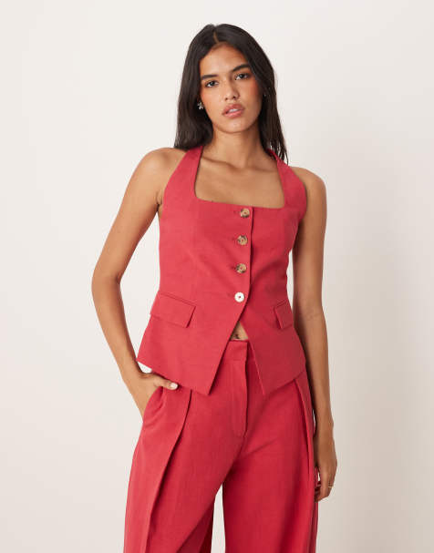 Mango cotton mix halter neck waistcoat co-ord in dark red - view 1