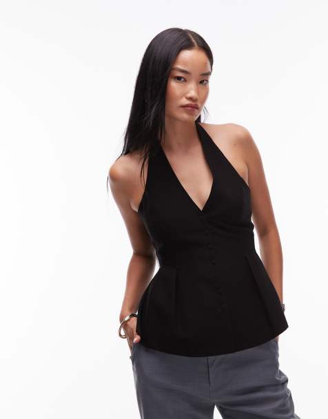 Mango cotton mix halterneck peplum hem button through top in black - part of a set - view 1