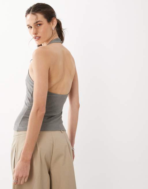 Mango cotton mix halterneck top with faux shell buttons in grey, 4 of 4