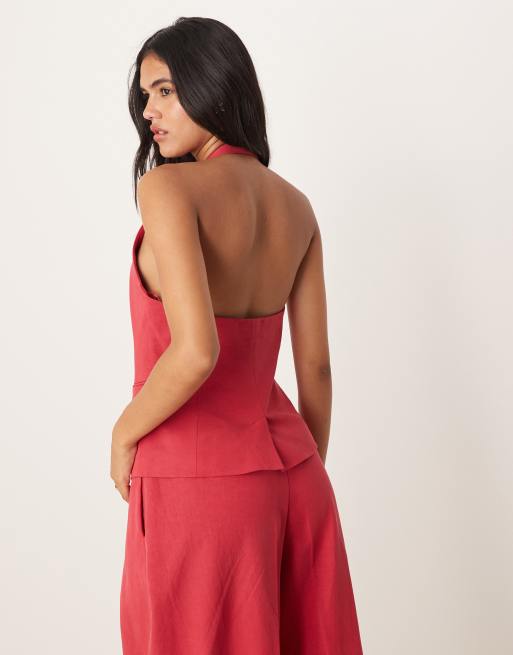 Mango cotton mix halterneck vest in dark red - part of a set, 3 of 4