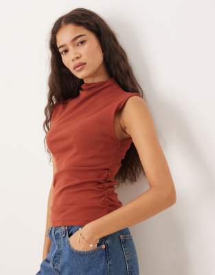 Mango Cotton Mix High Neck Cap Sleeve Top In Red