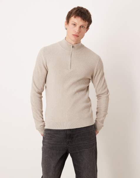 Mango cotton mix high neck quarter zip jumper in beige - view 1