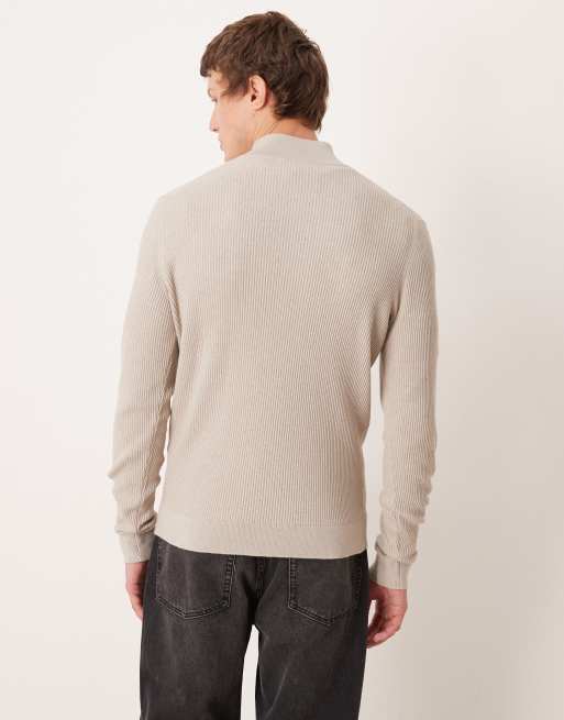 Mango cotton mix high neck quarter zip jumper in beige, 3 of 5