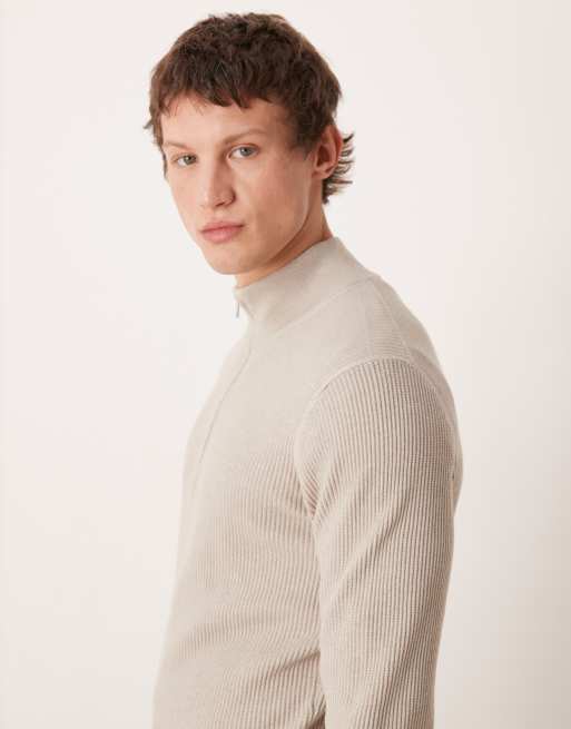 Mango cotton mix high neck quarter zip jumper in beige, 4 of 5