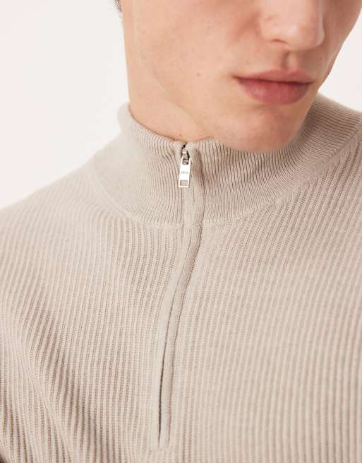 Mango cotton mix high neck quarter zip jumper in beige, 5 of 5
