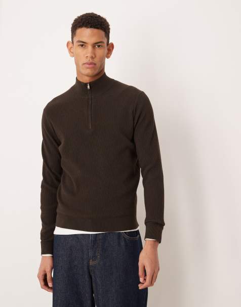Mango cotton mix high neck quarter zip jumper in chocolate brown