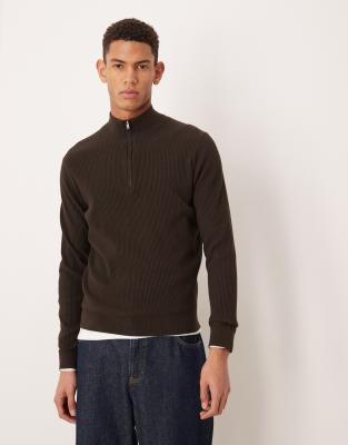 Mango Cotton Mix High Neck Quarter Zip Sweater In Brown