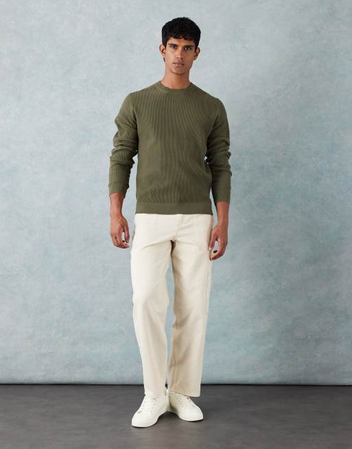 Mango cotton mix knit crew neck sweater in olive green, 2 of 5