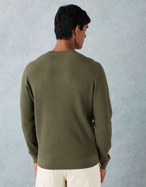Mango cotton mix knit crew neck sweater in olive green, 3 of 5