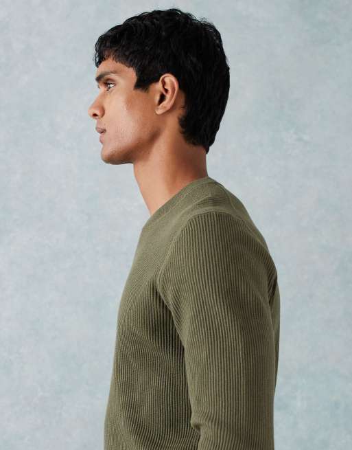 Mango cotton mix knit crew neck sweater in olive green, 4 of 5