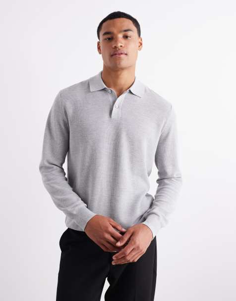 Mango cotton mix knit long sleeve polo in gray - view 1