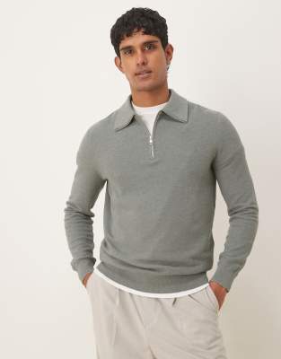 Mango Cotton Mix Knit Quarter Zip Polo In Gray