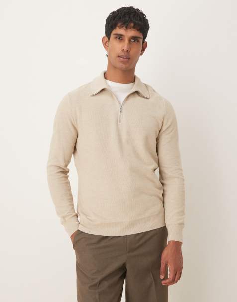 Mango cotton mix knit quarter zip sweater in beige - view 1