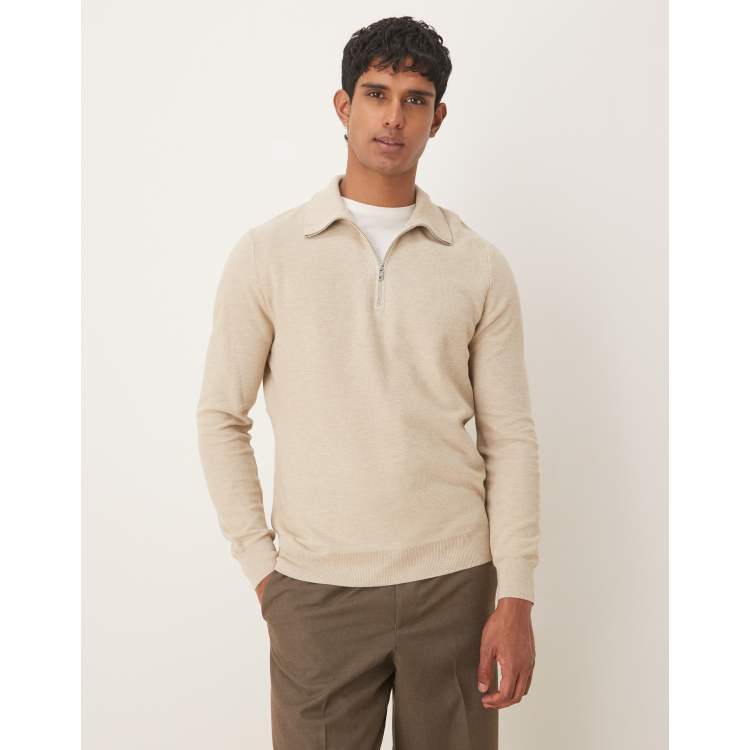 まめ Mango cotton mix knit quarter zip sweater in beige | ASOS