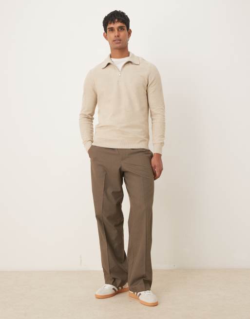 まめ Mango cotton mix knit quarter zip sweater in beige | ASOS
