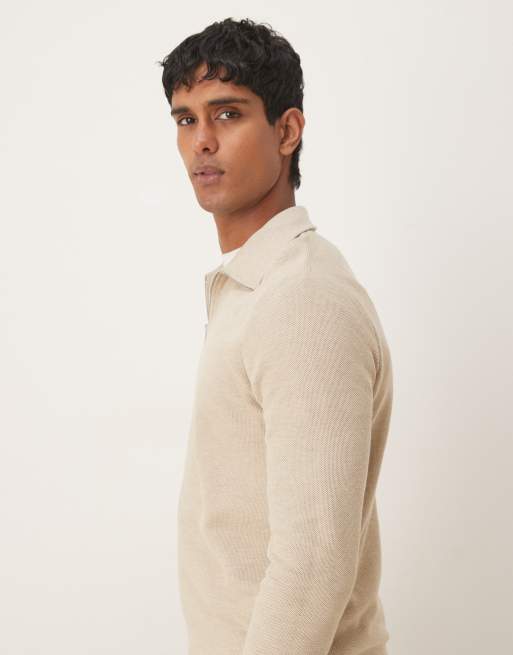 まめ Mango cotton mix knit quarter zip sweater in beige | ASOS