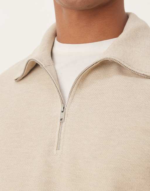 まめ Mango cotton mix knit quarter zip sweater in beige | ASOS