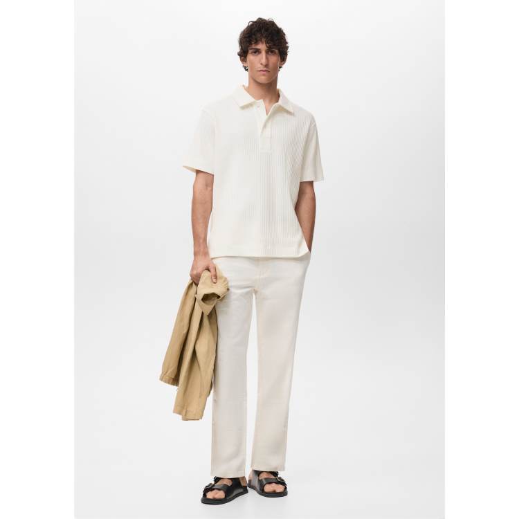 トップス soyy. Almond Polo Mango cotton mix knit ribbed polo shirt in ecru | ASOS