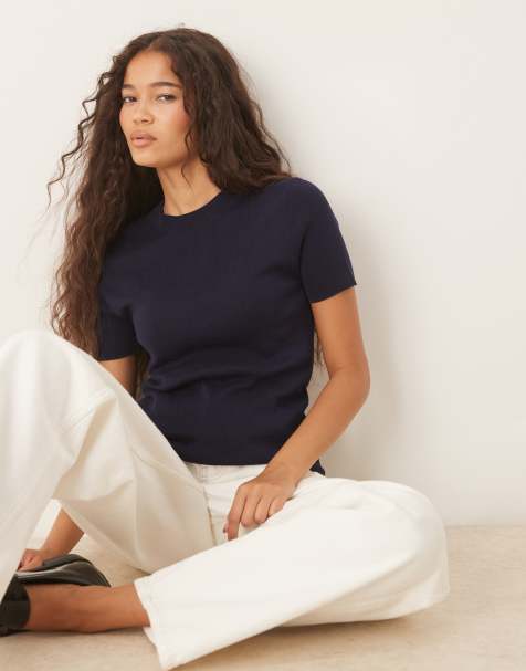 Mango cotton mix knit short sleeve t-shirt in navy - view 1