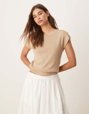 Mango Cotton Mix Knitted Cap Sleeve Top In Neutral
