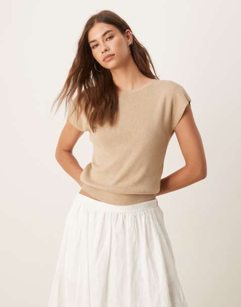 Mango cotton mix knitted cap sleeve top in beige - view 1