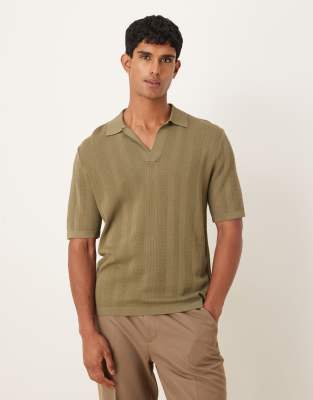 Mango Mango cotton mix knitted polo top in khaki-Green