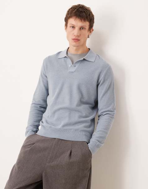 Mango cotton mix knitted polo top in light blue - view 1