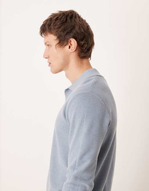 Mango cotton mix knitted polo top in light blue, 4 of 5