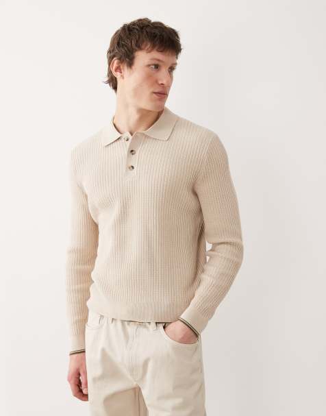 Mango cotton mix knitted poloshirt in ecru
