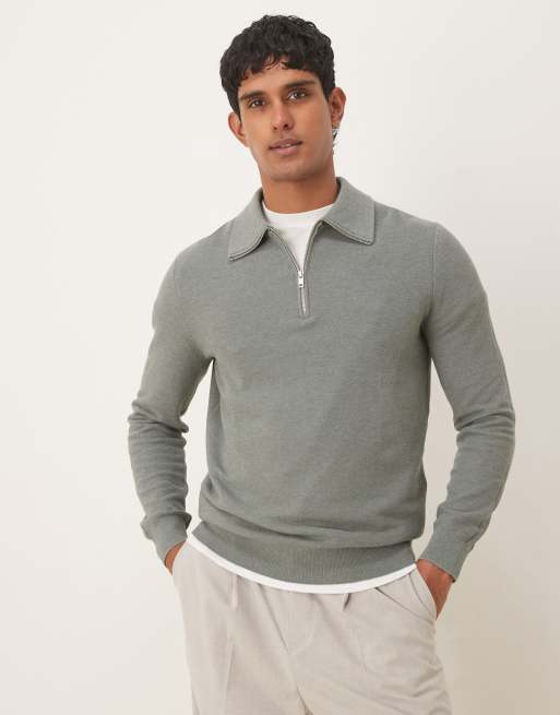 Mango cotton mix knitted quarter zip jumper in sage green