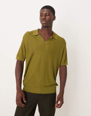Mango Mango cotton mix knitted revere collar polo top in olive green