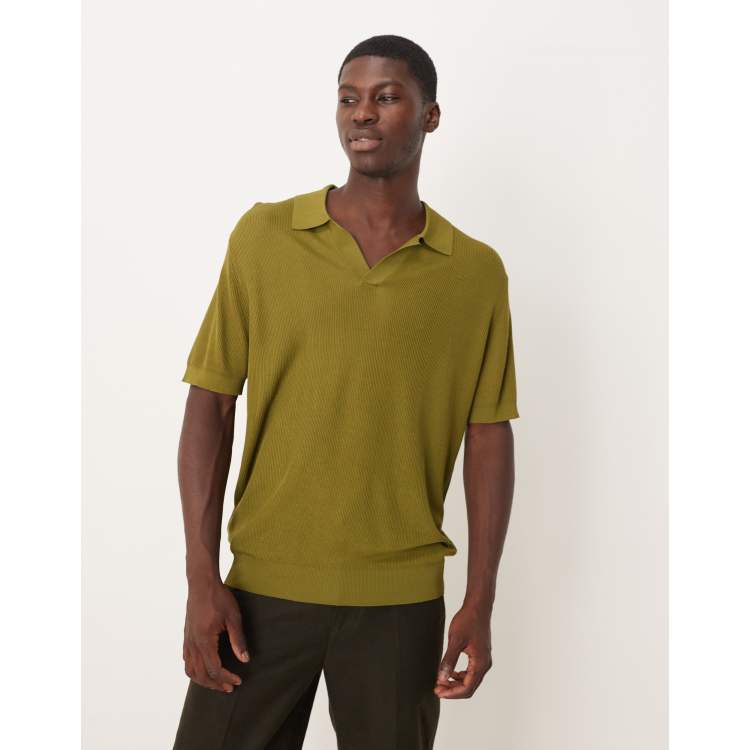 Mango cotton mix knitted revere collar polo top in olive green | ASOS