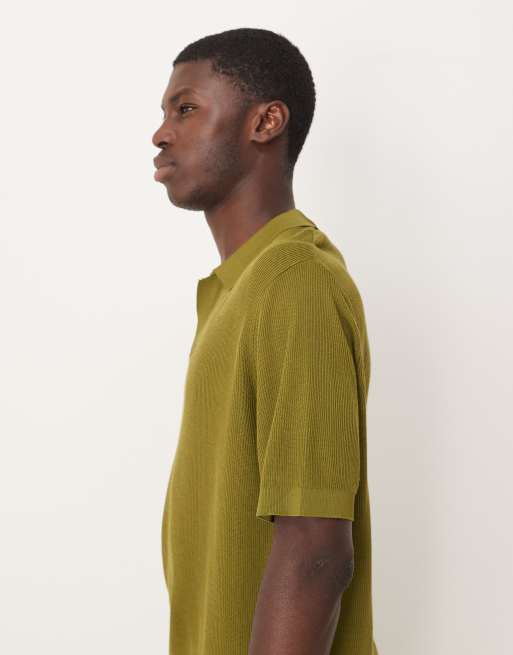 Mango cotton mix knitted revere collar polo top in olive green | ASOS