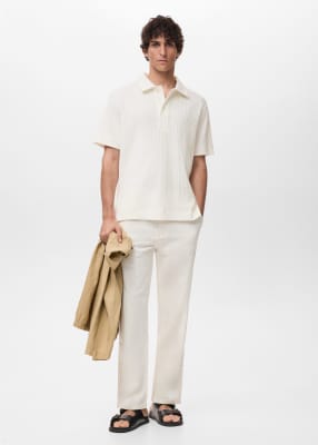 Mango Mango cotton mix knitted rib polo shirt in ecru-Neutral