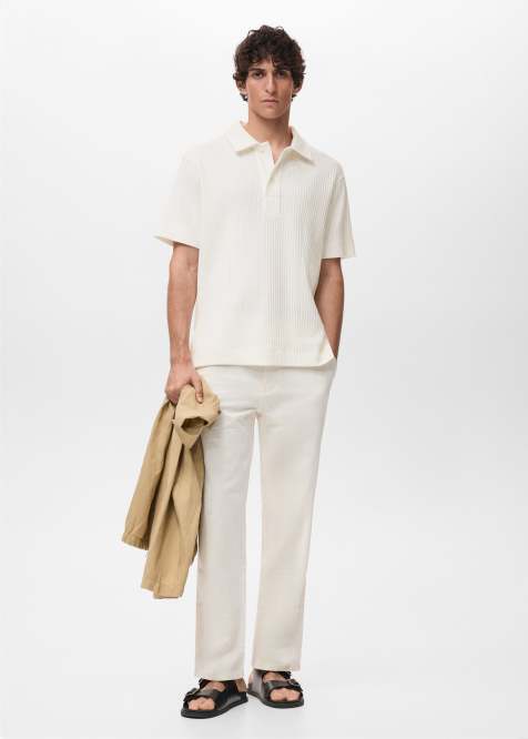 Mango cotton mix knitted rib polo shirt in ecru - view 1