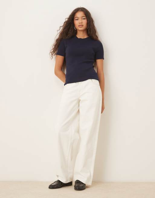 Mango cotton mix knitted short sleeve t-shirt in navy