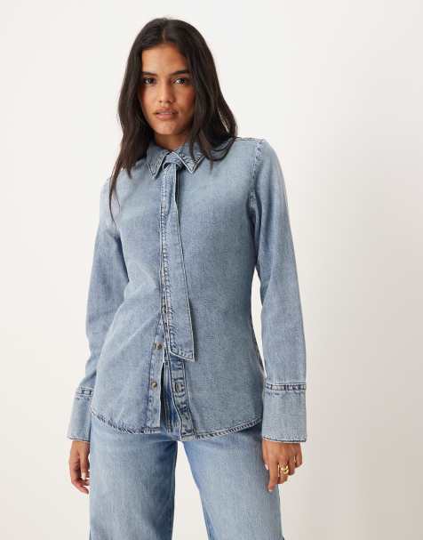 Mango cotton mix long sleeve denim shirt with tie neck in medium blue - view 1