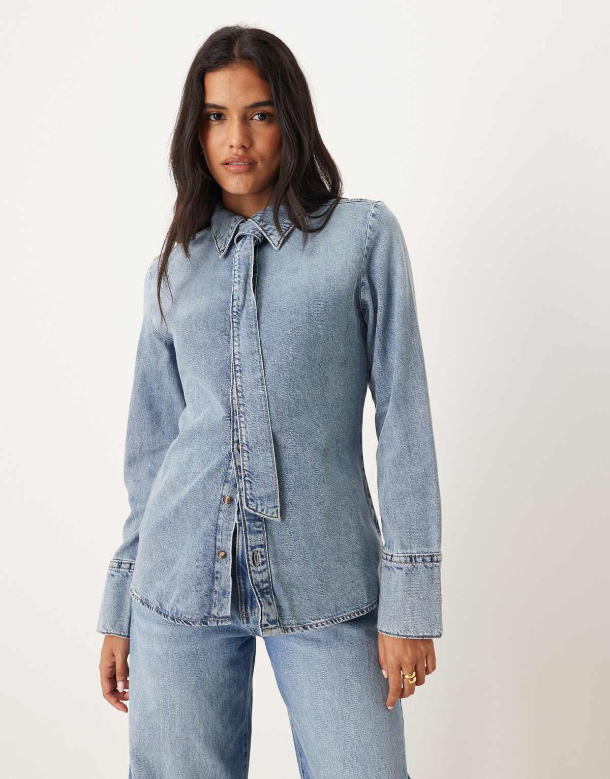 Mango cotton mix long sleeve denim shirt with tie neck in medium blue