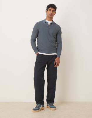 Mango Cotton Mix Long Sleeve Knit Polo Top In Gray