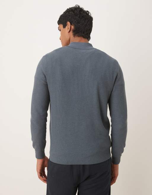Mango cotton mix long sleeve knit polo top in gray, 3 of 5