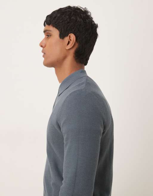 Mango cotton mix long sleeve knit polo top in gray, 4 of 5