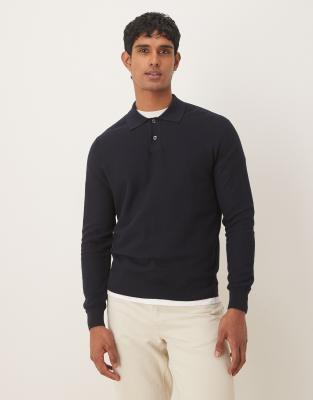 Mango Cotton Mix Long Sleeve Knit Polo Top In Black